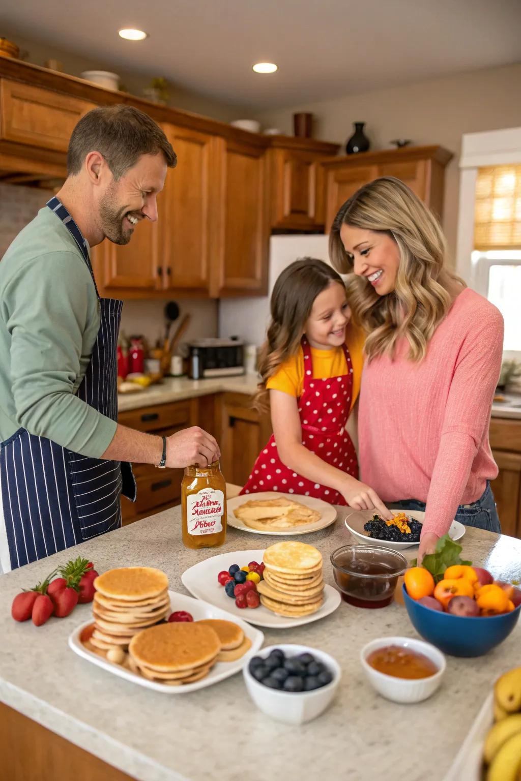 Loved ones uniting over a flapjack-making session, filled with joy and education.
