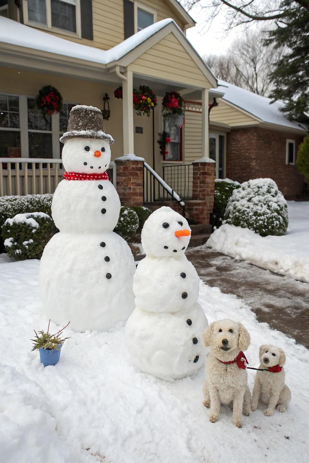 A delightful snow figure clan basking in the winter mood together.