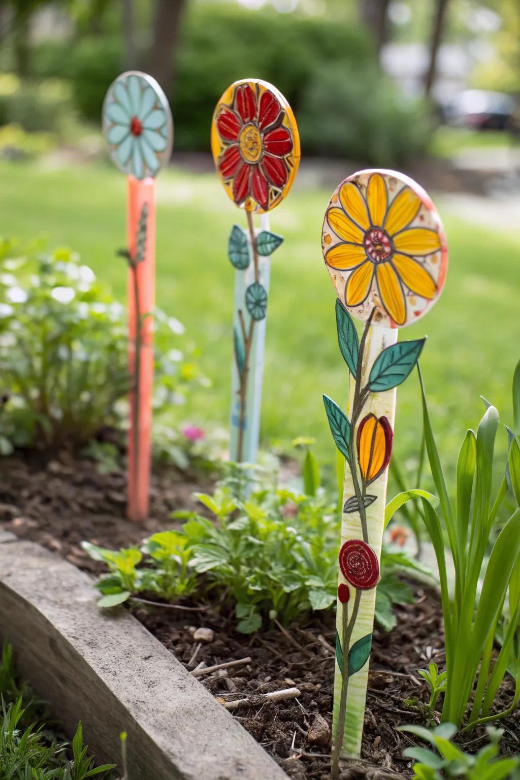 Floral fused glass decorations brightening up the garden.