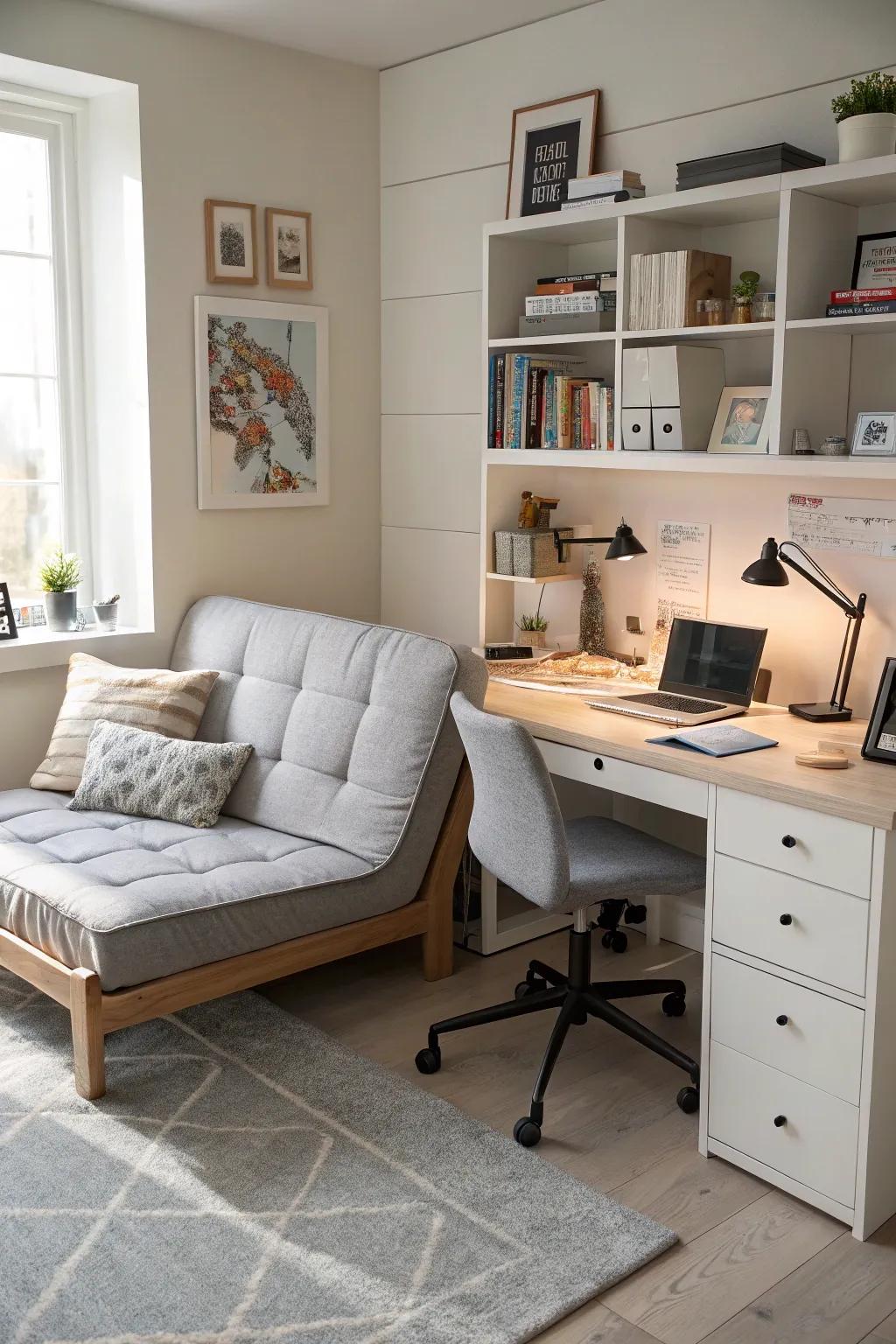 A multi-functional workspace emphasizes the adaptability of a daybed.