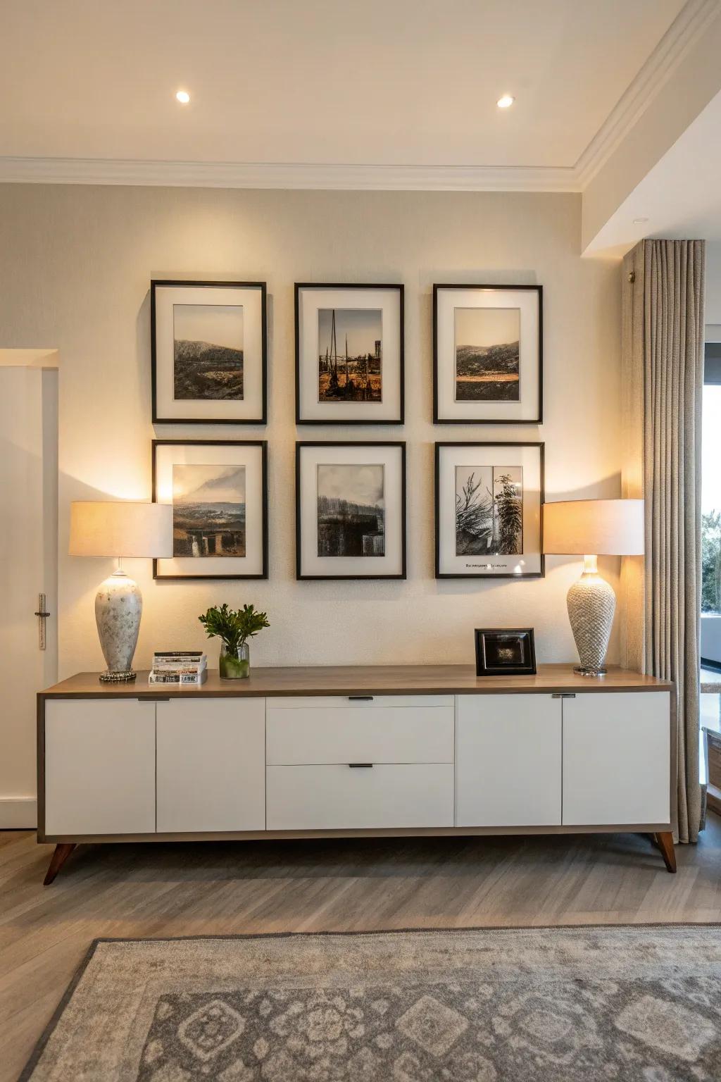 A sequence of three identical frames forms a classic horizontal gallery arrangement.