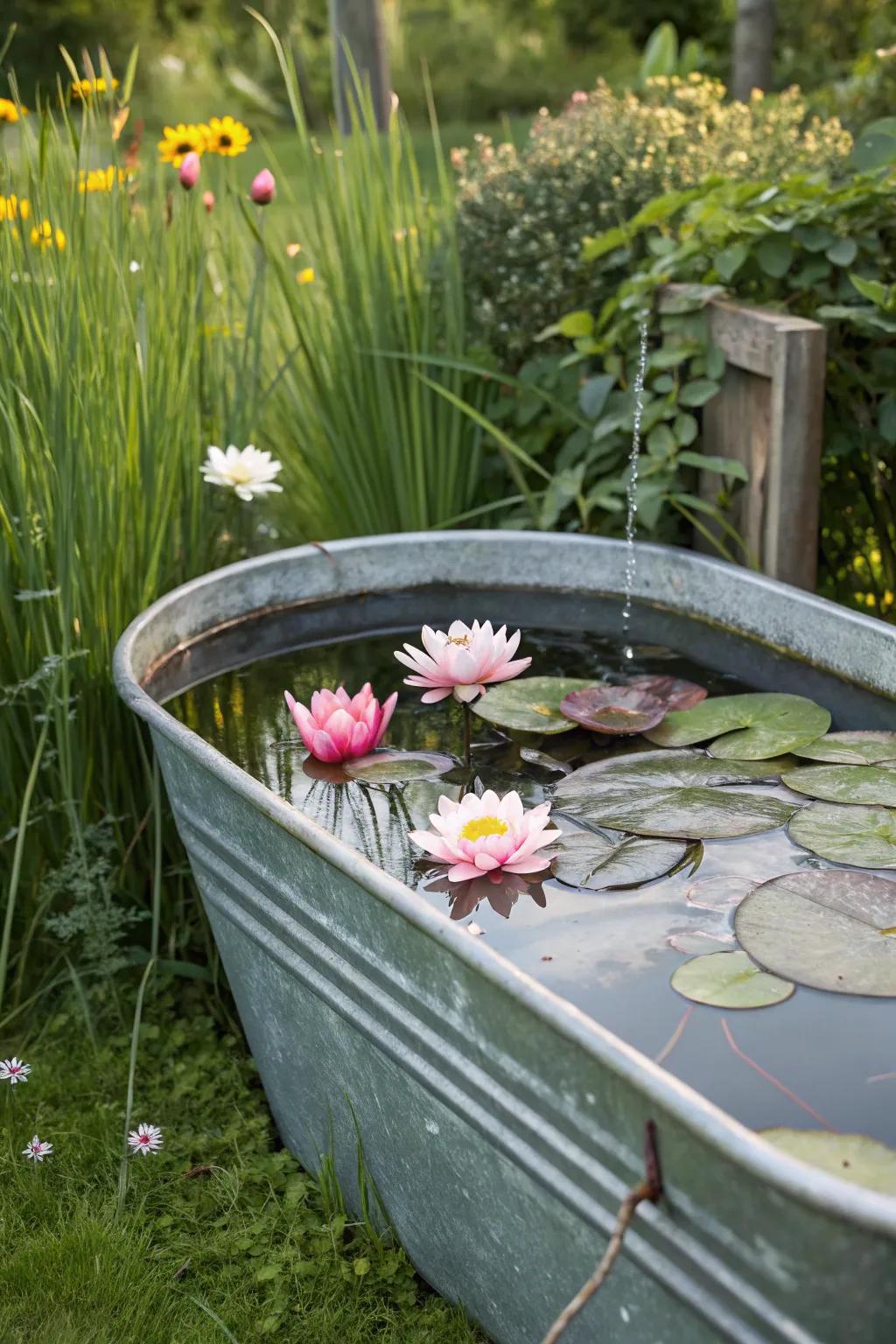 A breathtaking elevated garden showcasing aquatic plants in a weathered basin.