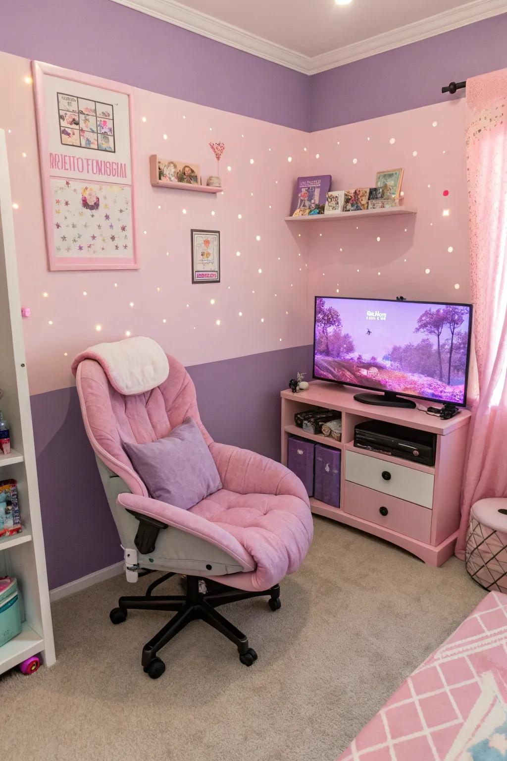 A gamer girl's room adorned in pastel shades, embodying both tranquility and style.