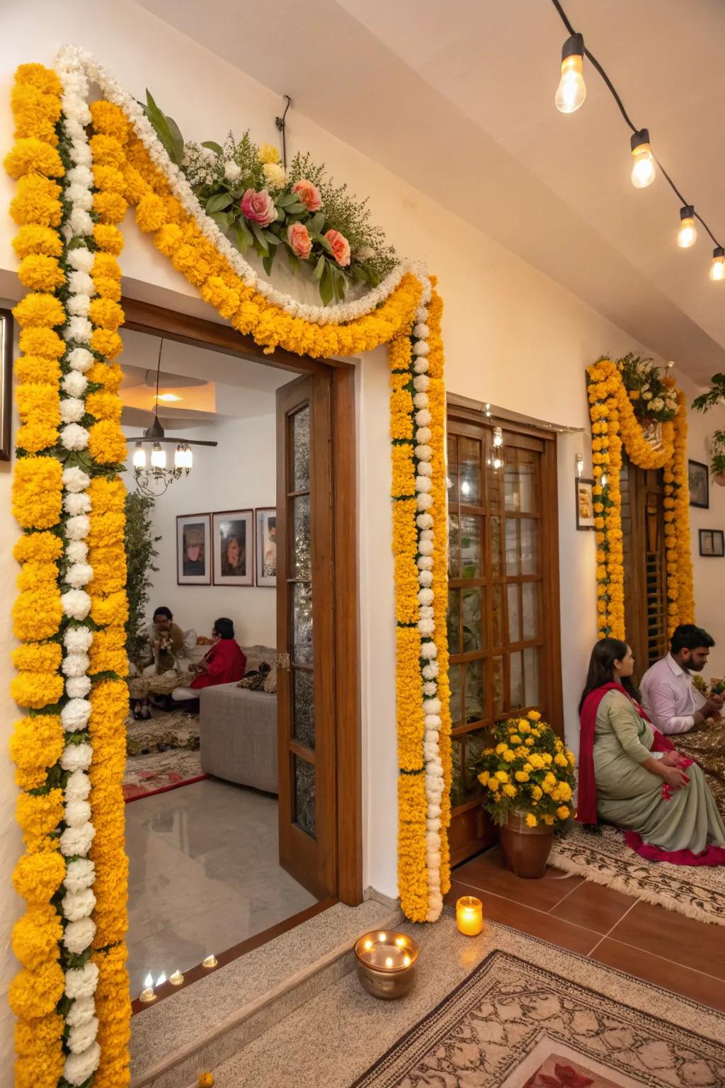 A residence embellished with garlands of marigolds and jasmine, amplifying the celebratory essence of Ganesh Chaturthi.