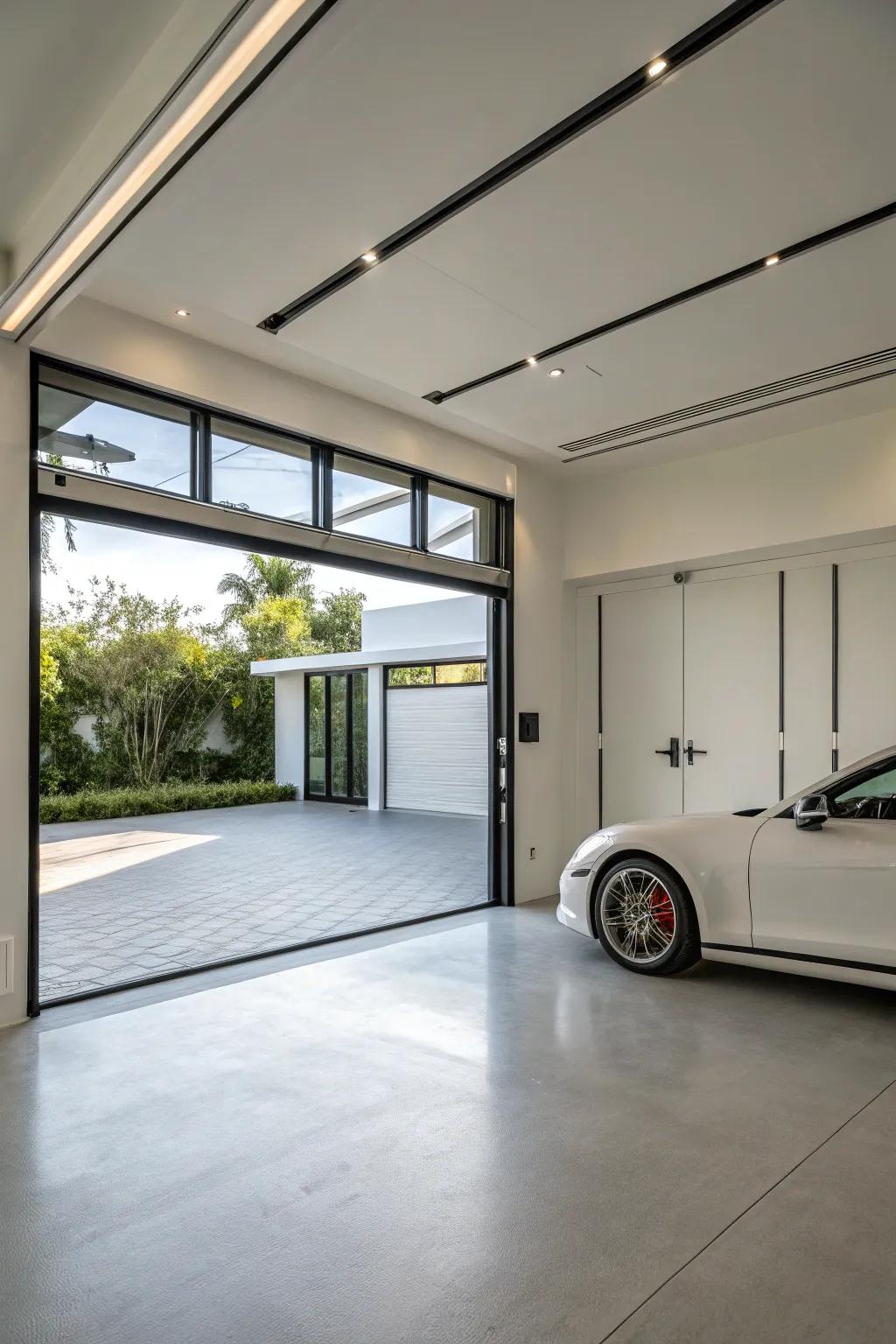 A minimalist garage seamlessly integrated with a modern home design.