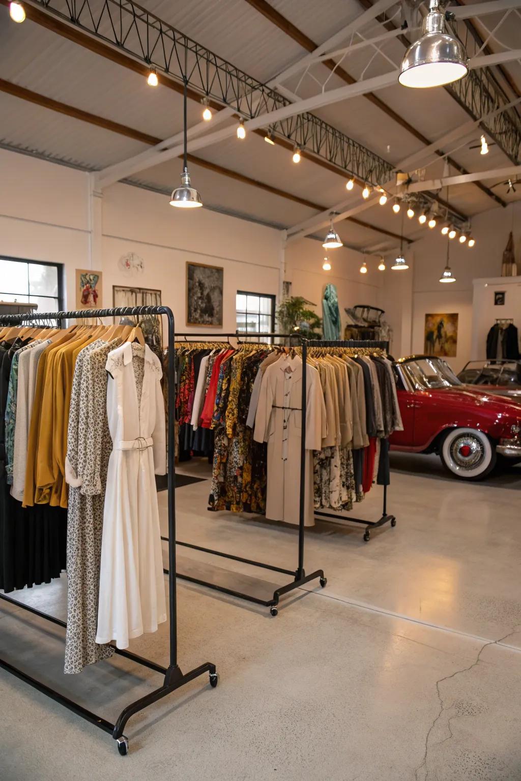 Sophisticated clothing arrangements on flexible racks inside a garage boutique.