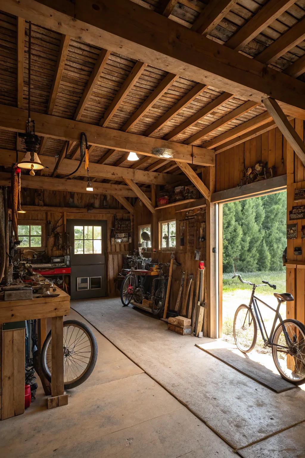 Bare beams contribute a rustic element to your garage, transforming it into an inviting haven.