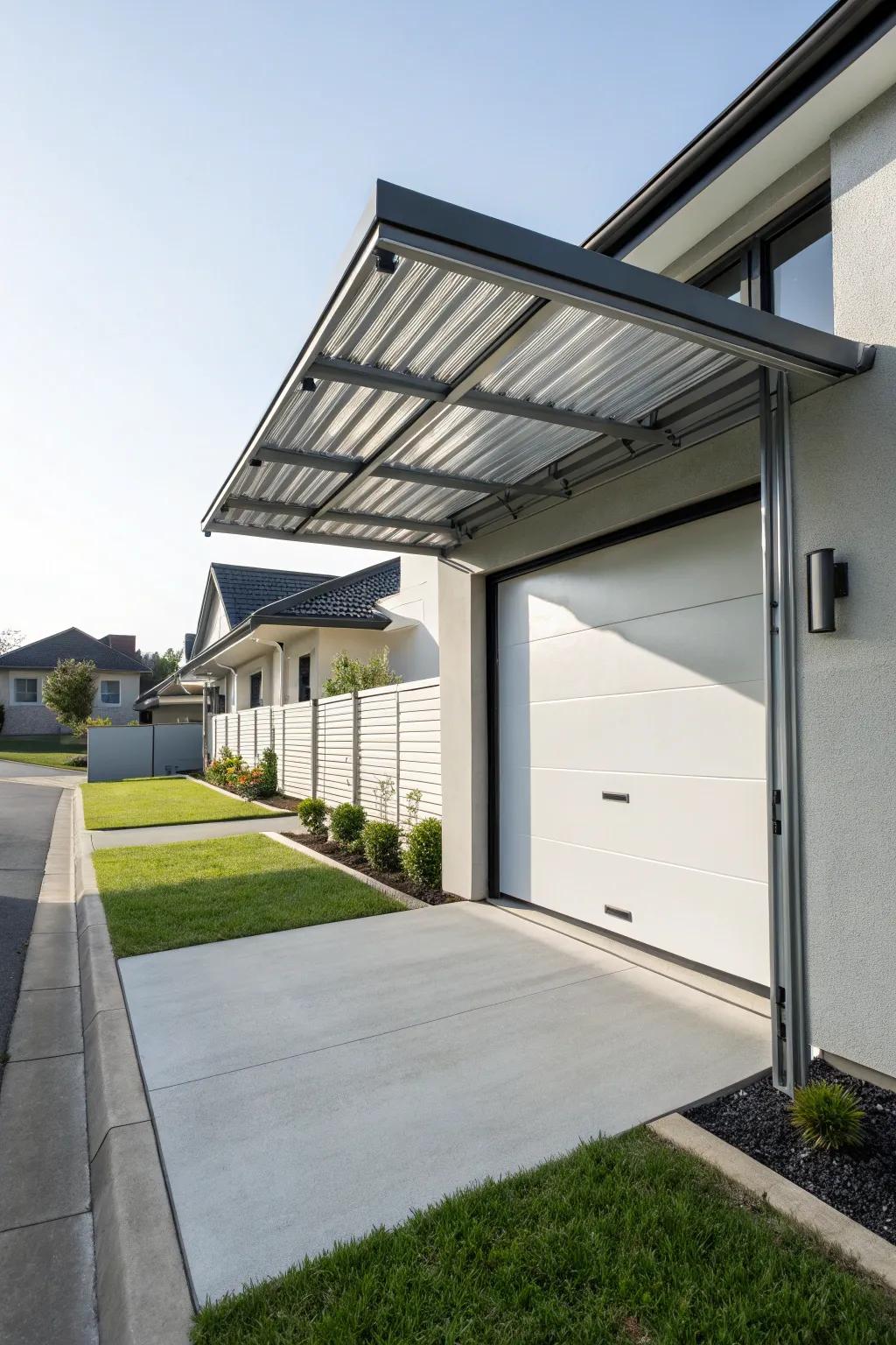 Elegant metal shelter over a modern garage entrance.