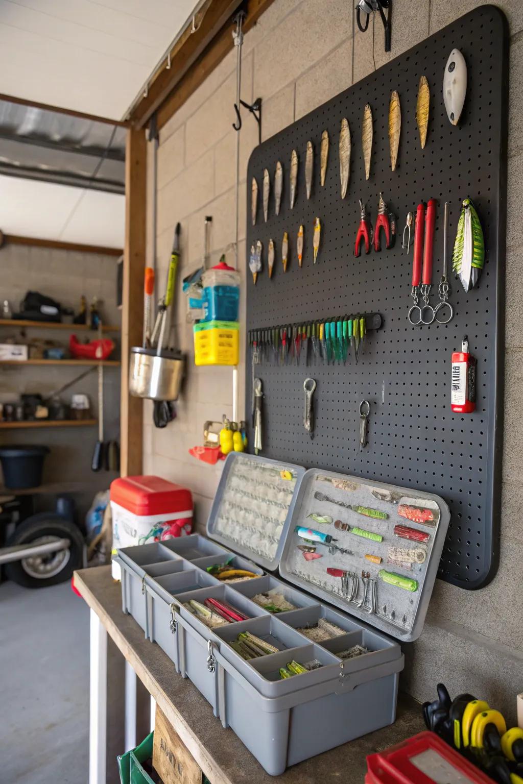 A perforated panel offers a simple way to show off and organize your fishing equipment.