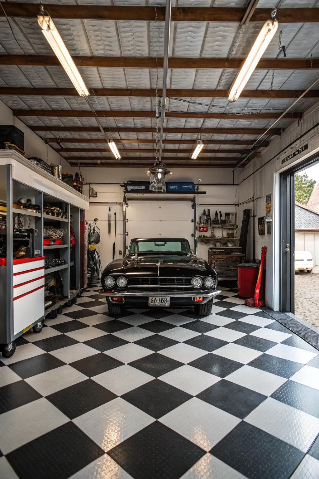 Improve your garage appearance with a timeless checkerboard tile aesthetic.