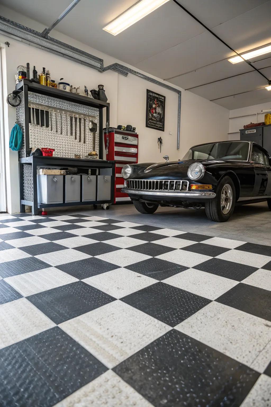 A quintessential black and white checkered floor imparts lasting elegance to your garage.