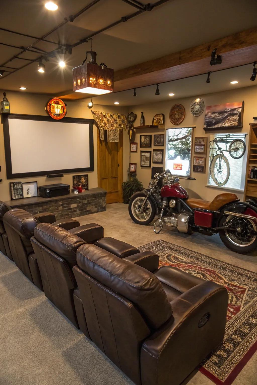 A classic lounge setting in a garage man cave, perfect for relaxation.
