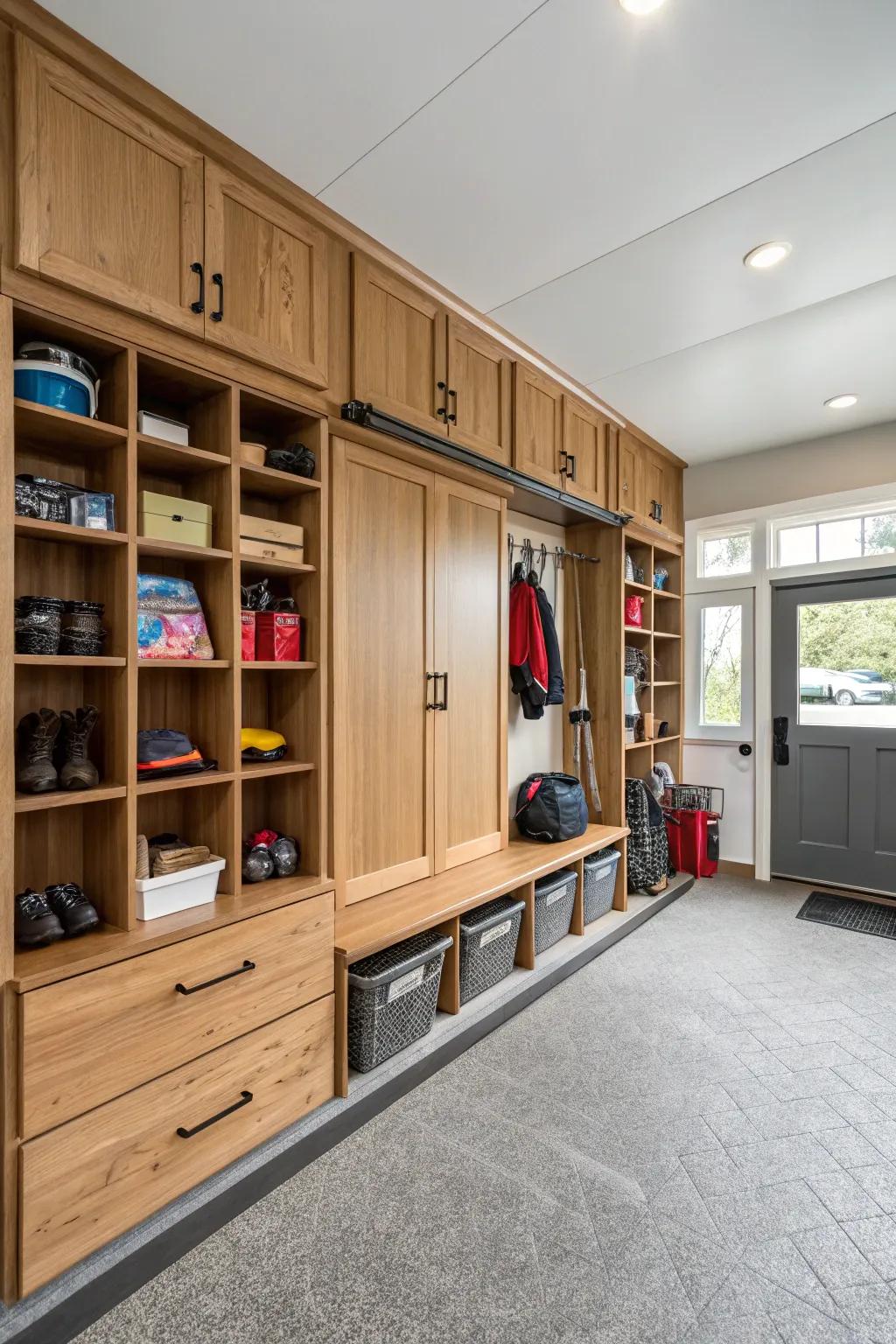 Optimize space with integrated storage that conceals mess and maintains everything in its designated spot.