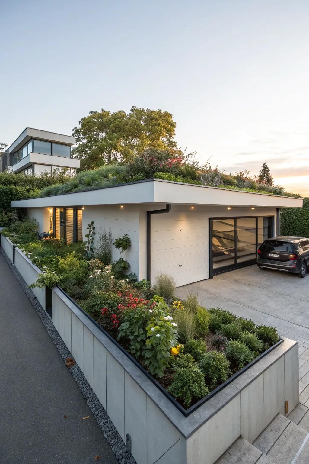 A horizontal roof expansion featuring a flourishing sky garden offers a touch of modern grace.