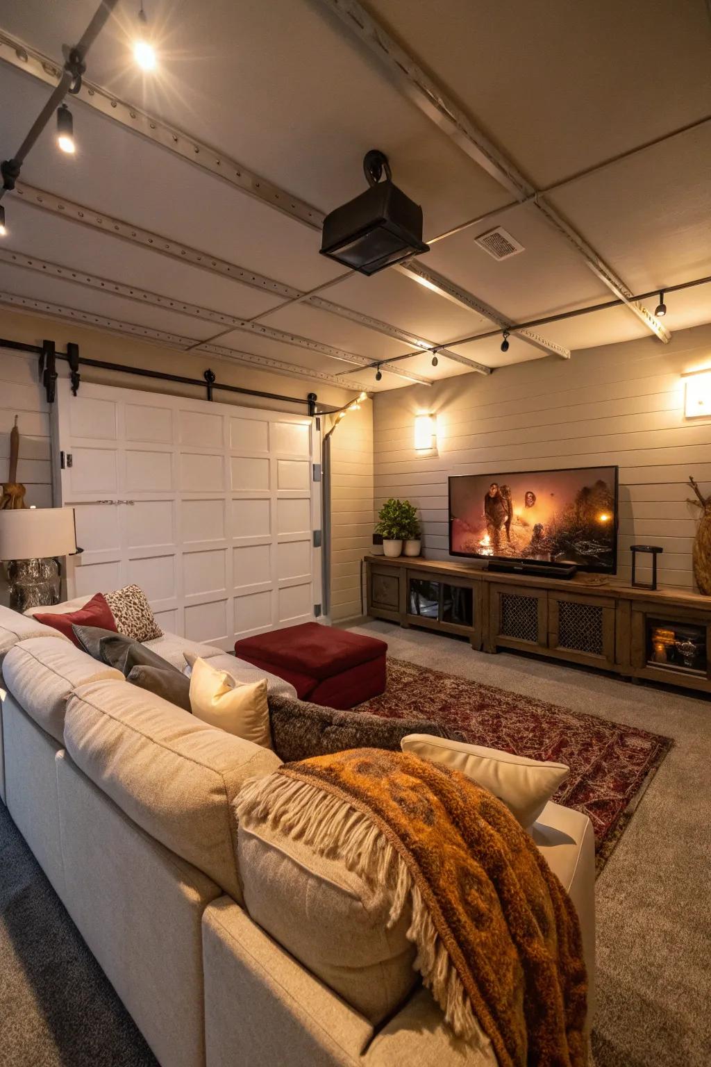Transform your garage into a comfortable lounge featuring a plush sofa and a large screen TV.