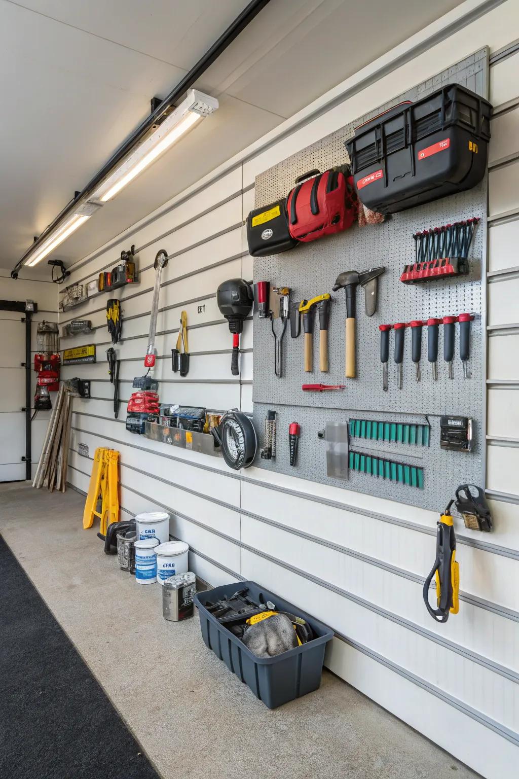 Slatwall panels present a neat and adjustable storage solution.