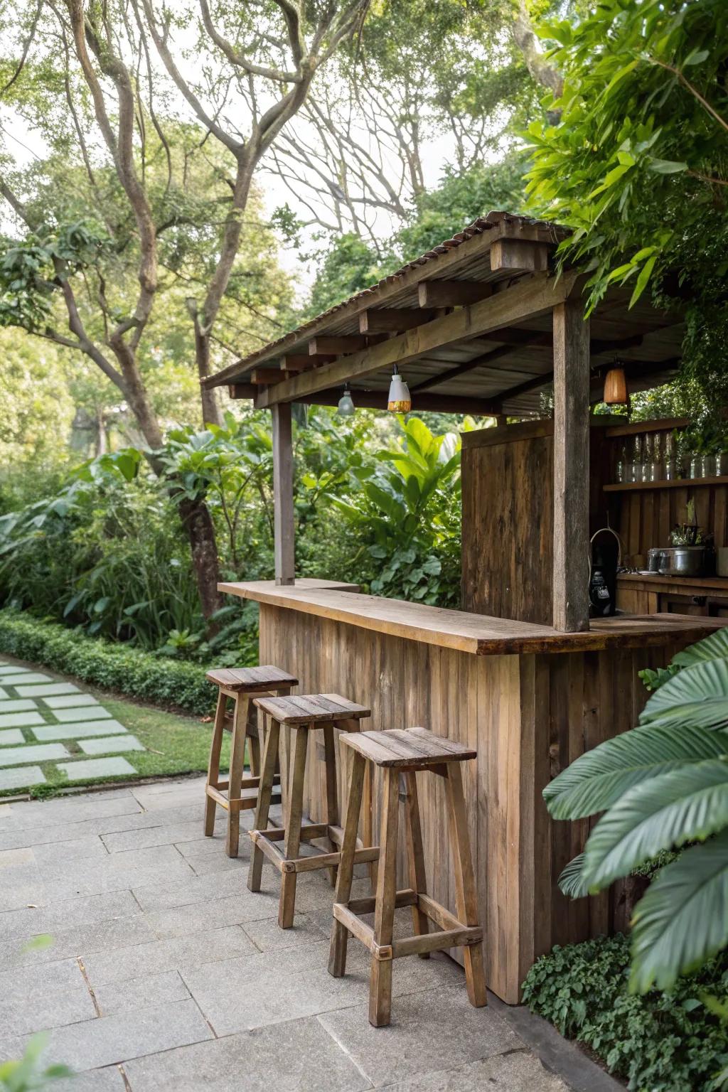 A rustic garden bar made from reclaimed wood.