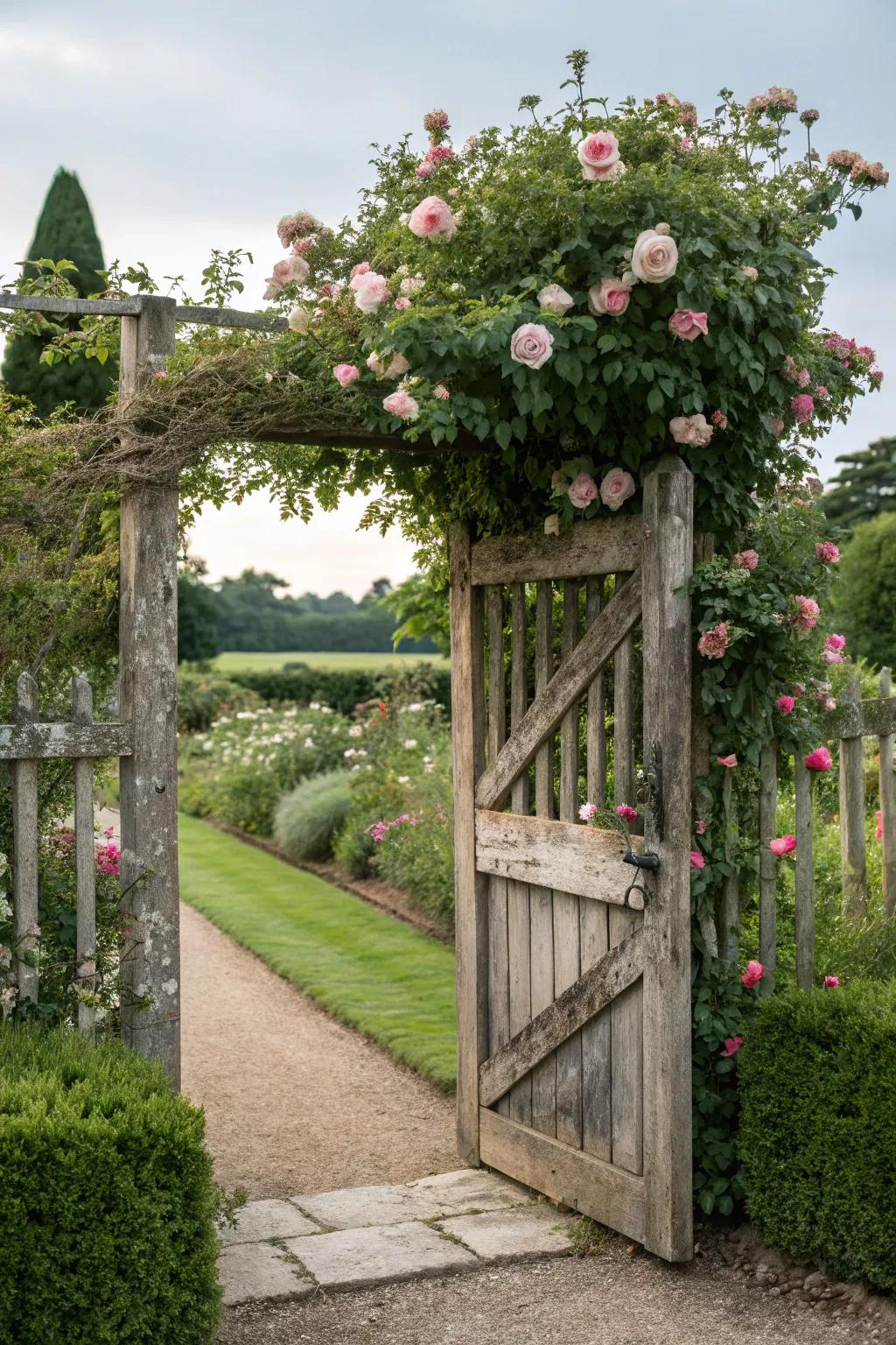 Country wood access with twining roses makes for a welcoming garden doorway.