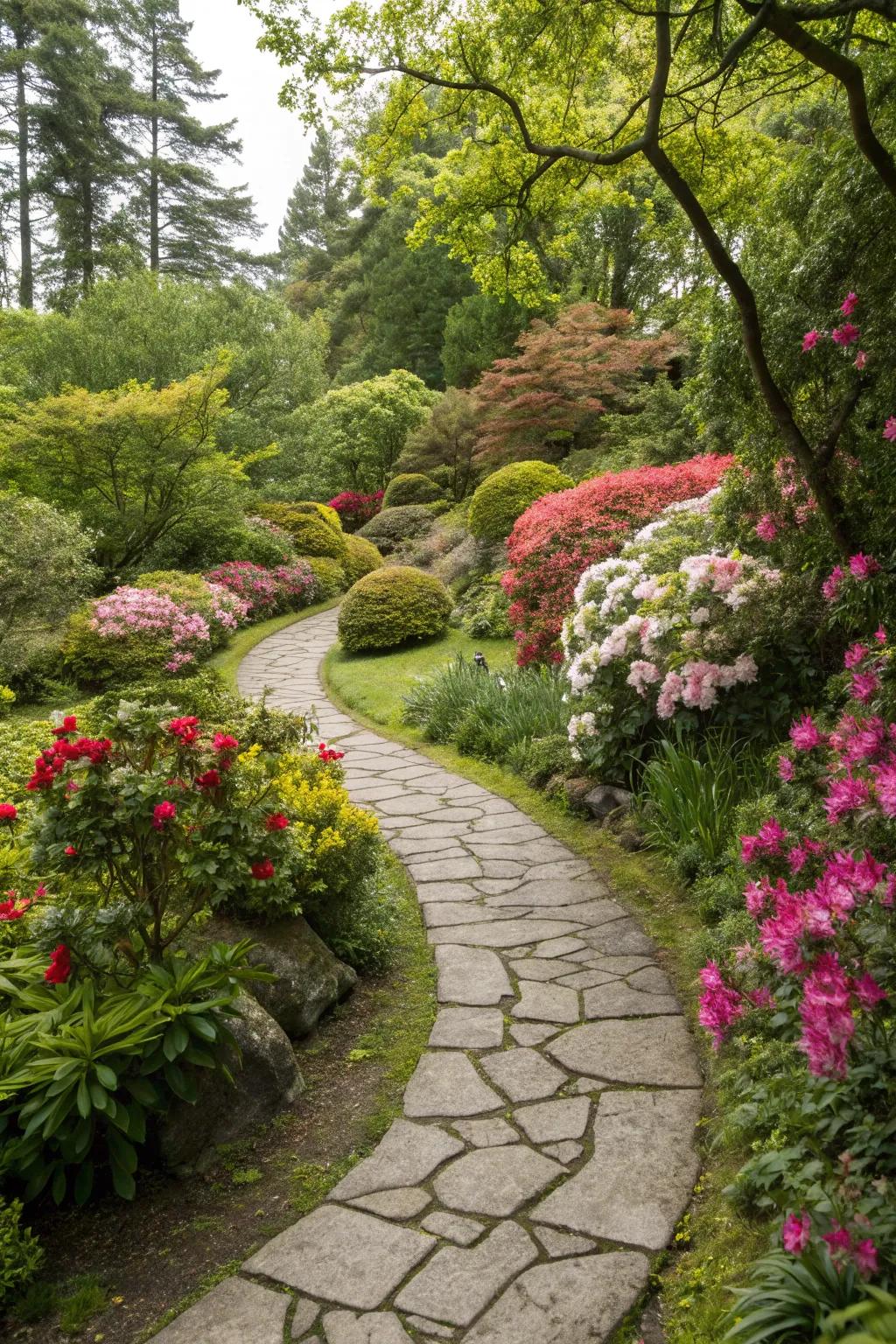 A delightful rock walkway meandering through a garden abundant with vibrant flowers.