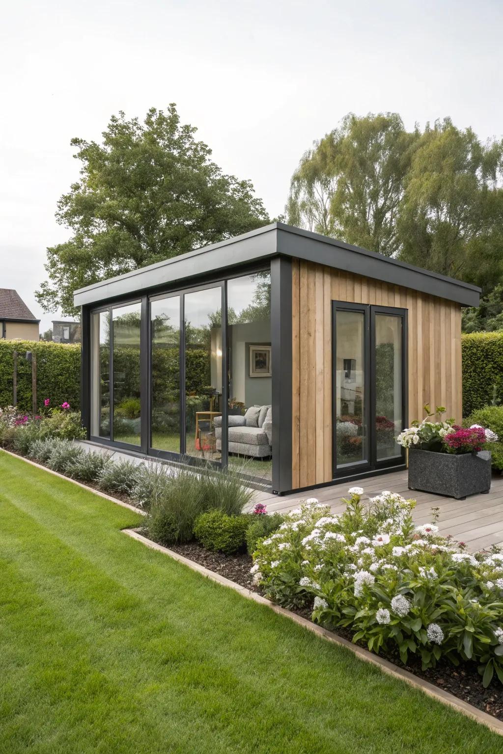 A stylish garden pod boasting contemporary design, offering a fancy work escape.