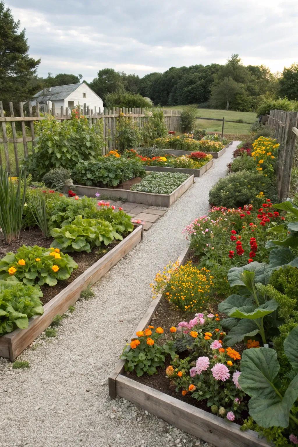 A kitchen flowerbed featuring colorful veggies and intertwined blossoms.