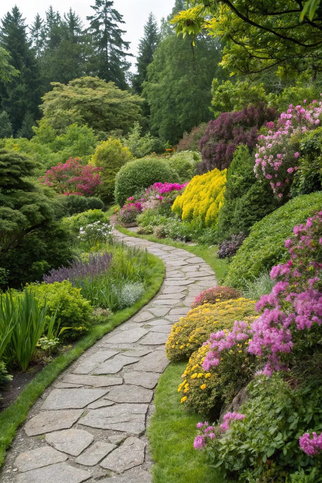 A delightful stone walkway meanders through a flourishing garden.