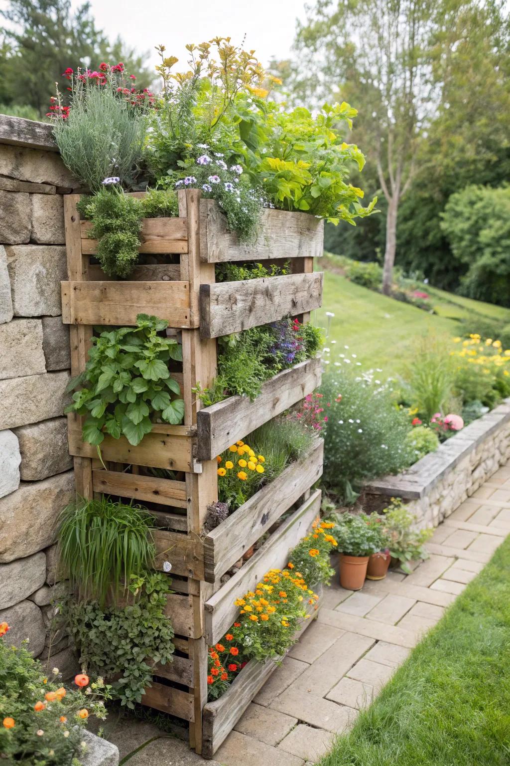 An imaginative upward garden created with reused pallets.