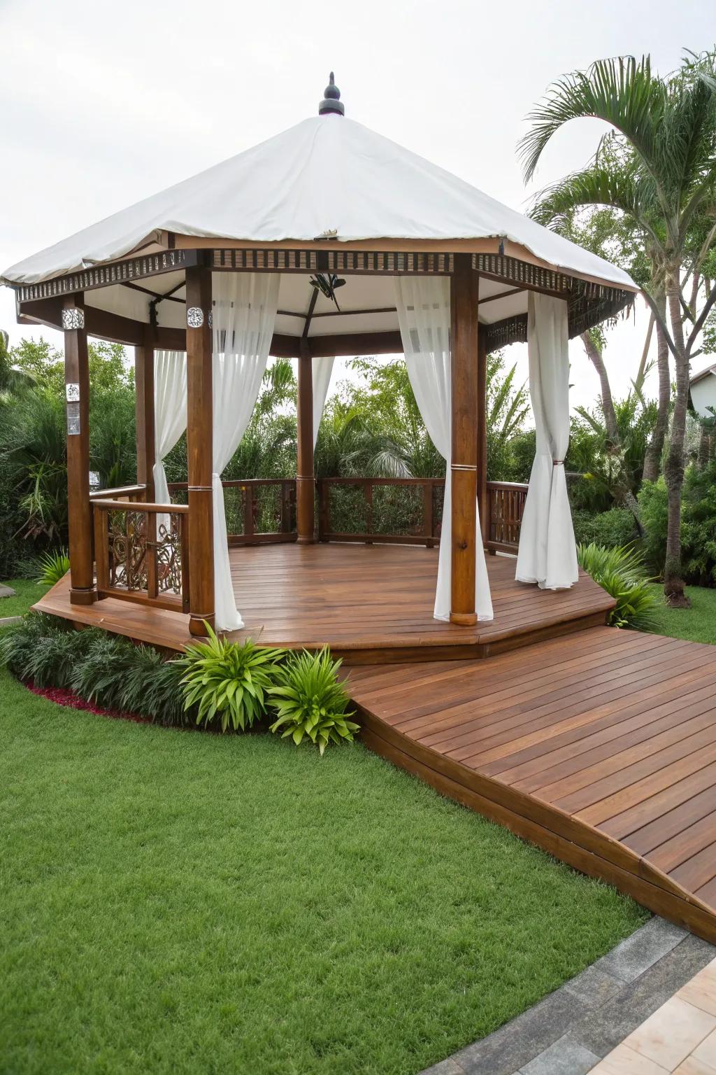 Classic wood planking contributes warmth and refinement to any gazebo environment.