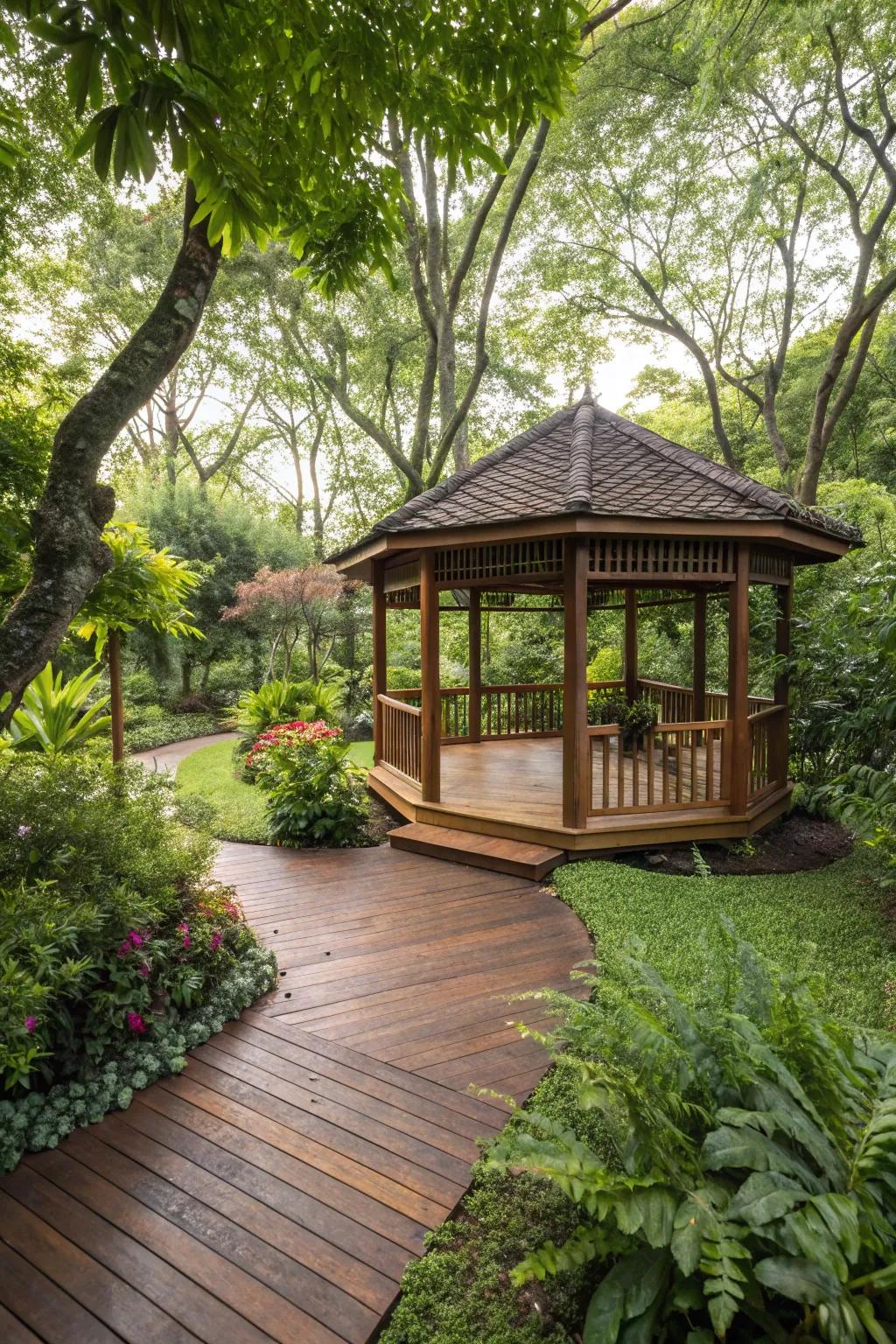 Relish in the classic allure of wood boards for an inviting gazebo.
