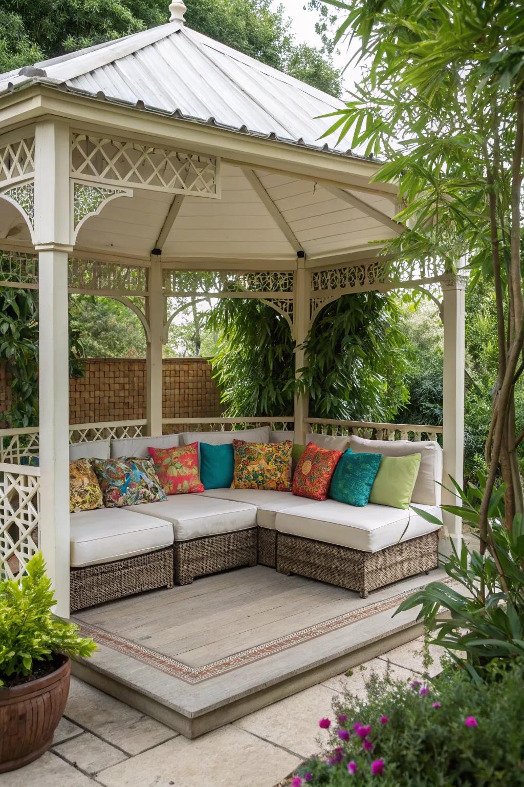 An inviting outdoor couch turns your gazebo into a serene lounge.