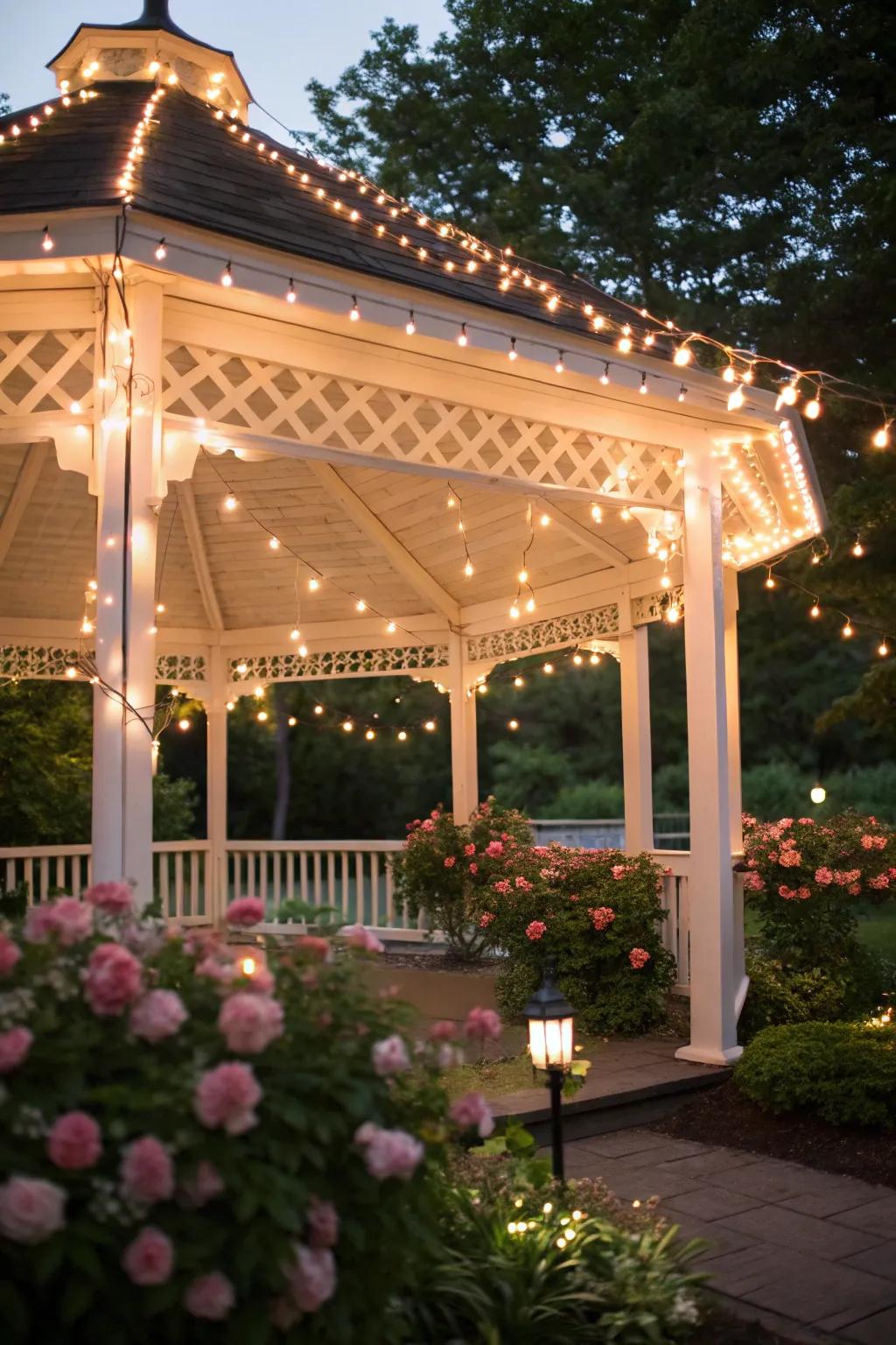 Filament strands gracefully interwoven throughout the gazebo, fashioning an intimate and welcoming atmosphere.