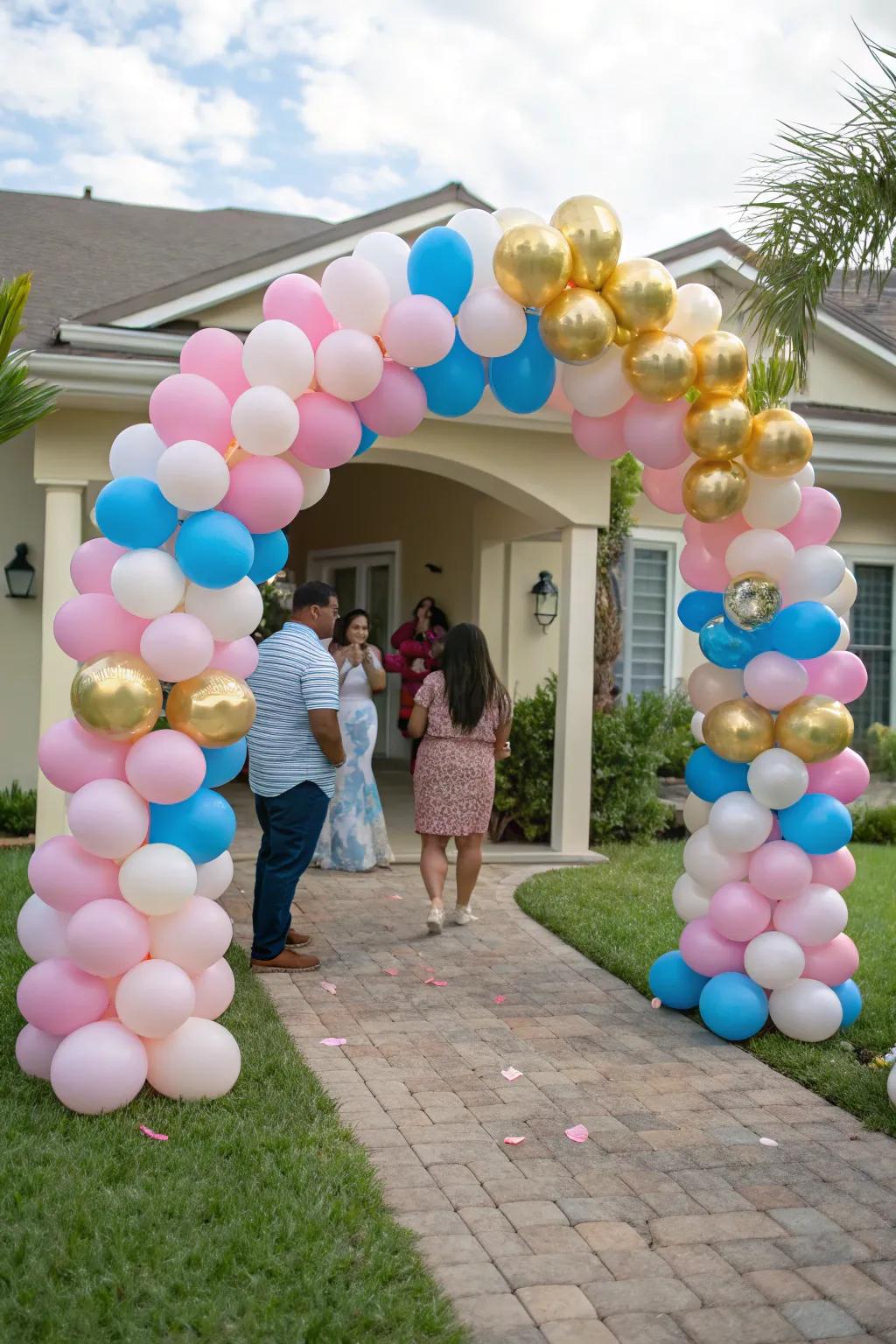 A cheerful balloon arch forms an ideal setting for your joyful gender reveal gathering.