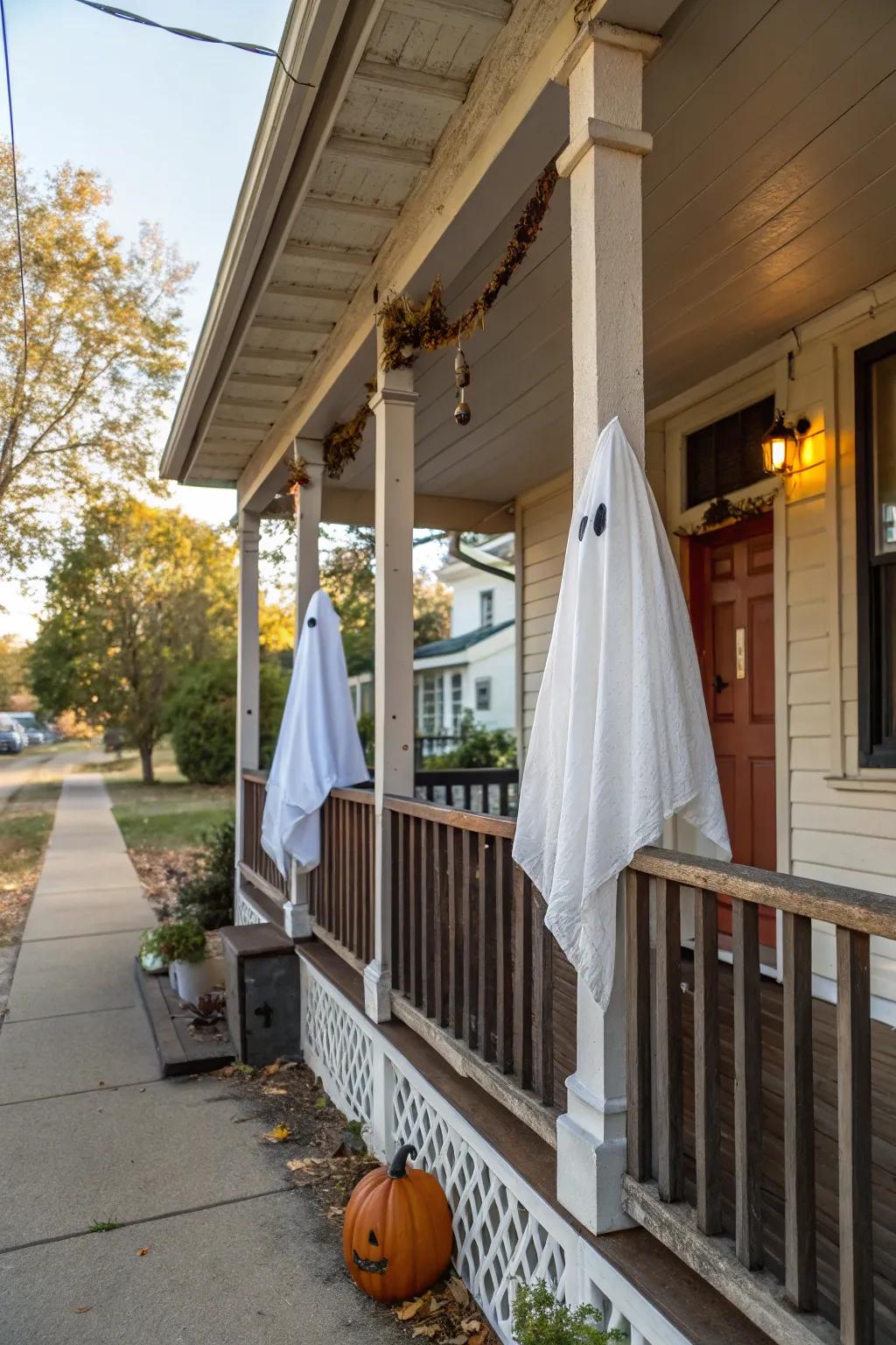 Traditional draped phantom figures provide a comforting yet spooky addition to any veranda.