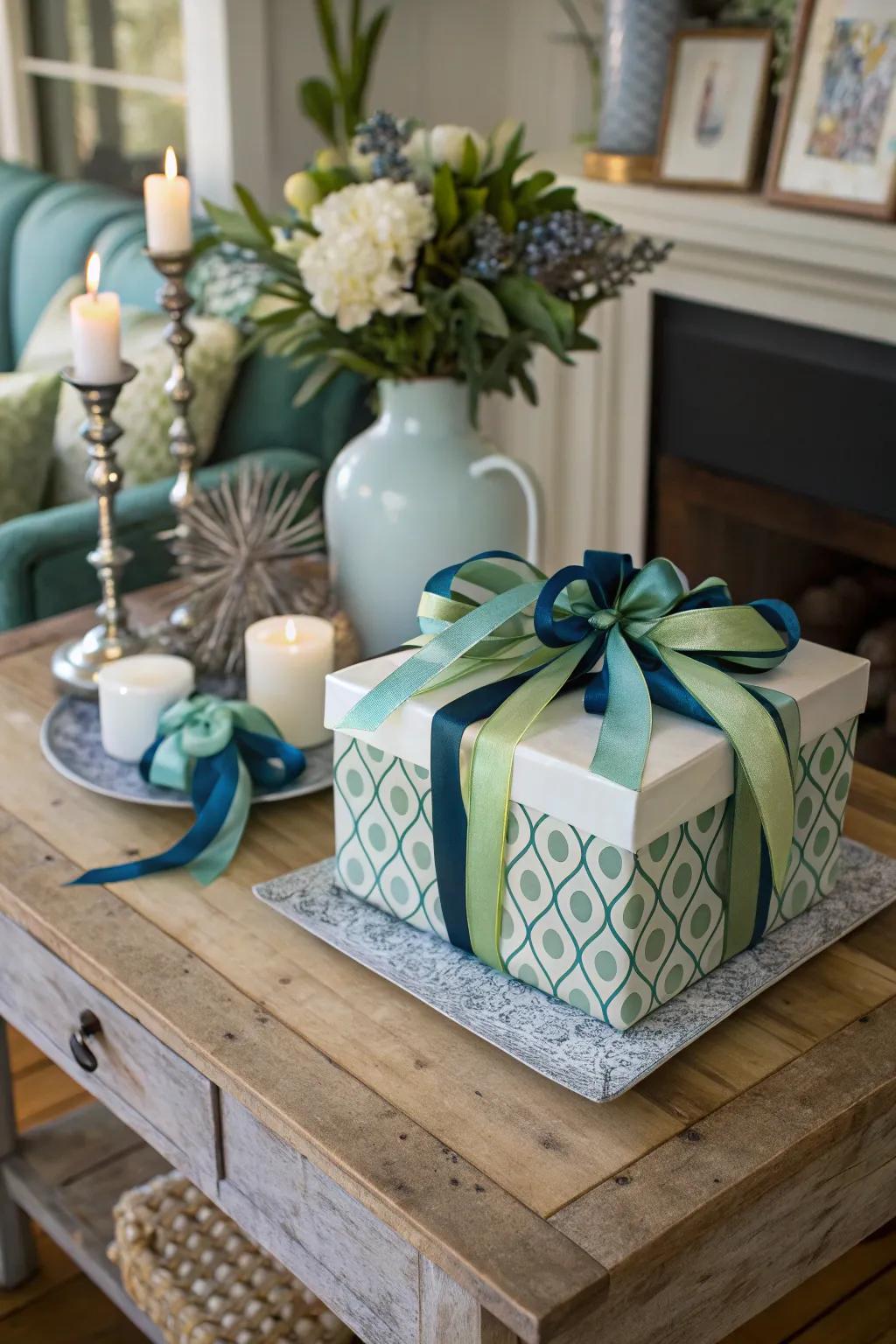 Gift wrapped with layered ribbons