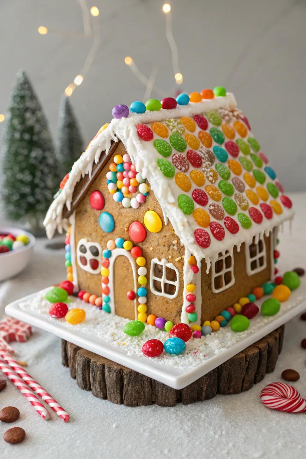 A candy-coated gingerbread house radiating color and joy.