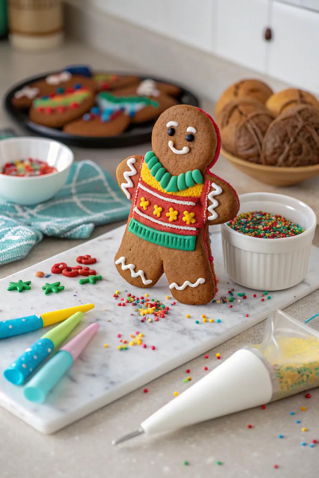 A gingerbread man dressed in a festive frosted sweater, radiating holiday cheer.