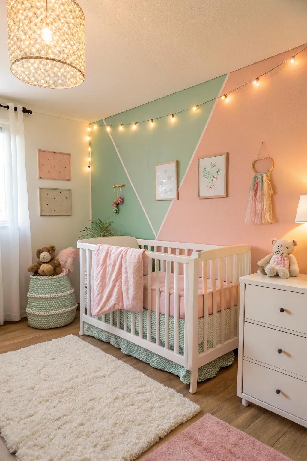 A nursery featuring a soothing pastel color palette.