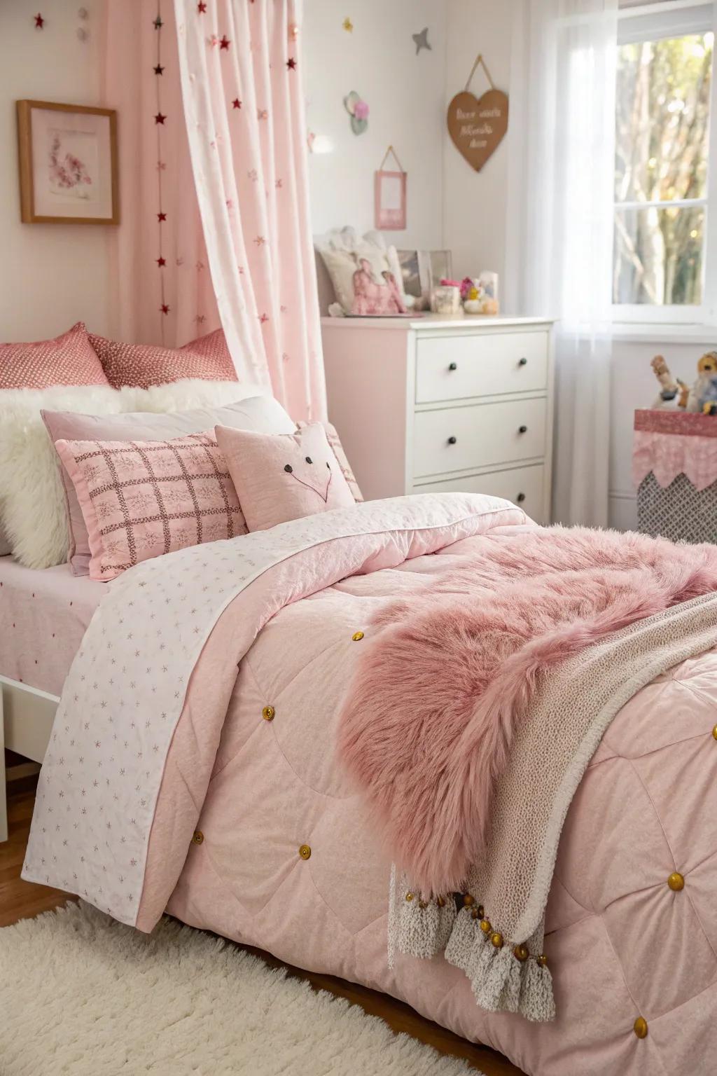 Layering pink bedding introduces depth and coziness to the room.
