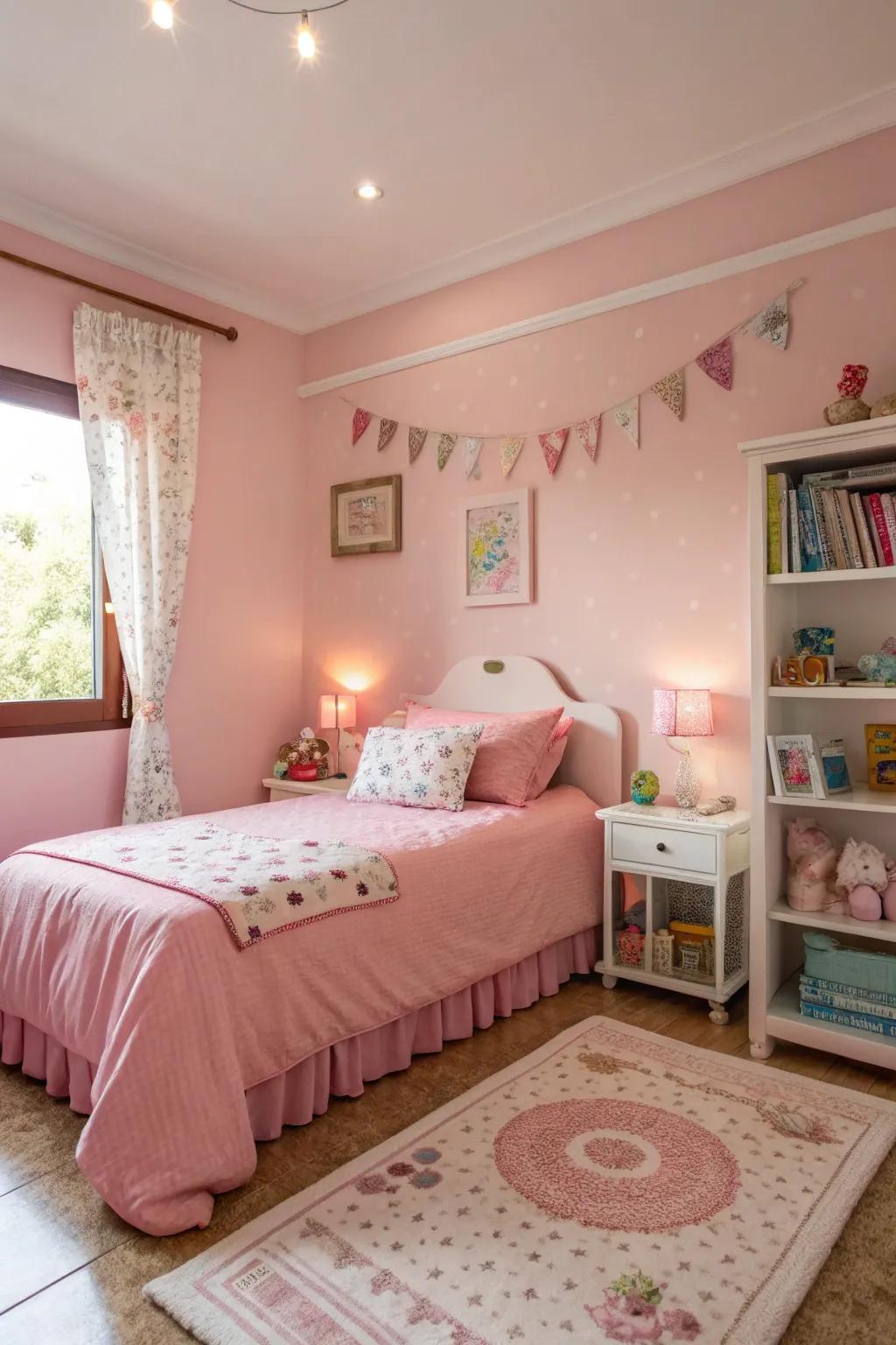 A serene girl's room with gentle rose walls.