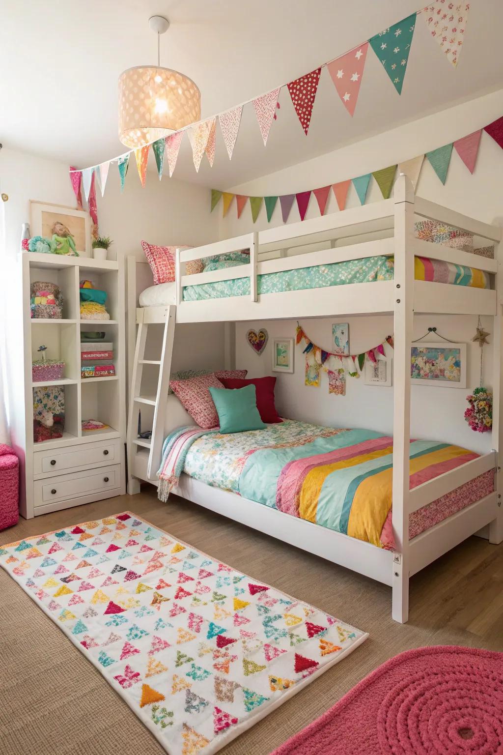 Multi-level beds in a girls' space free up the area, adding usefulness and joy.