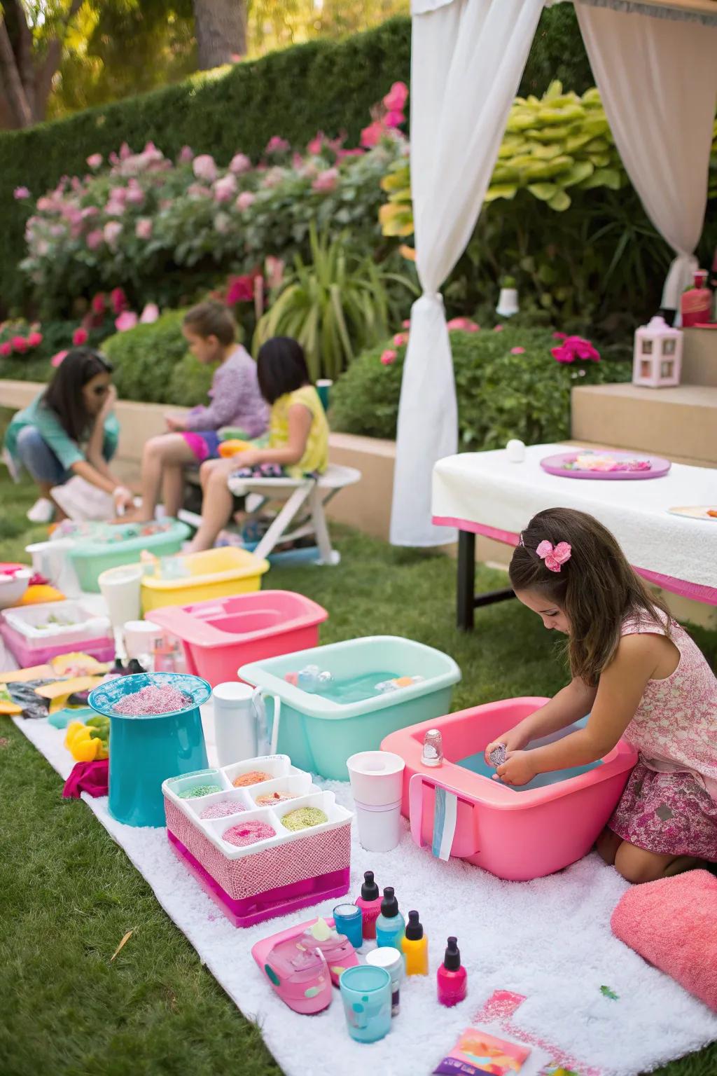 Inviting spa centers set for pampering at a girl's birthday celebration.