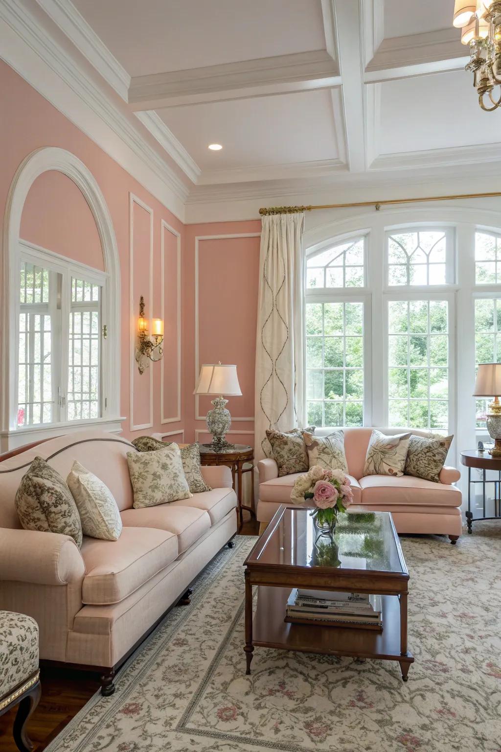 A peaceful living space showcasing rose-tinted walls and elegant embellishments.