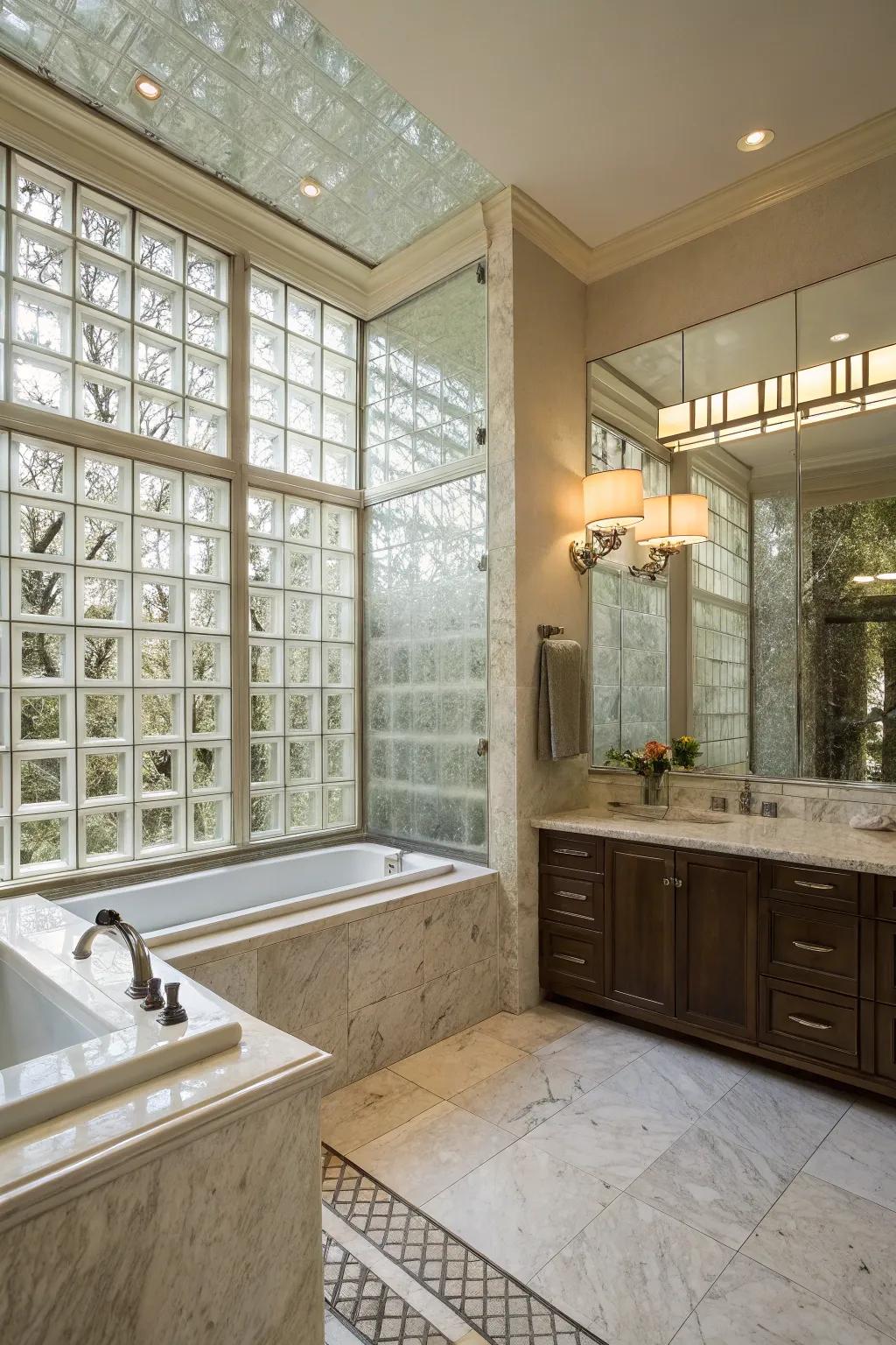 A lavish bathroom showcasing a glass block shower wall, creating a tranquil spa ambiance.