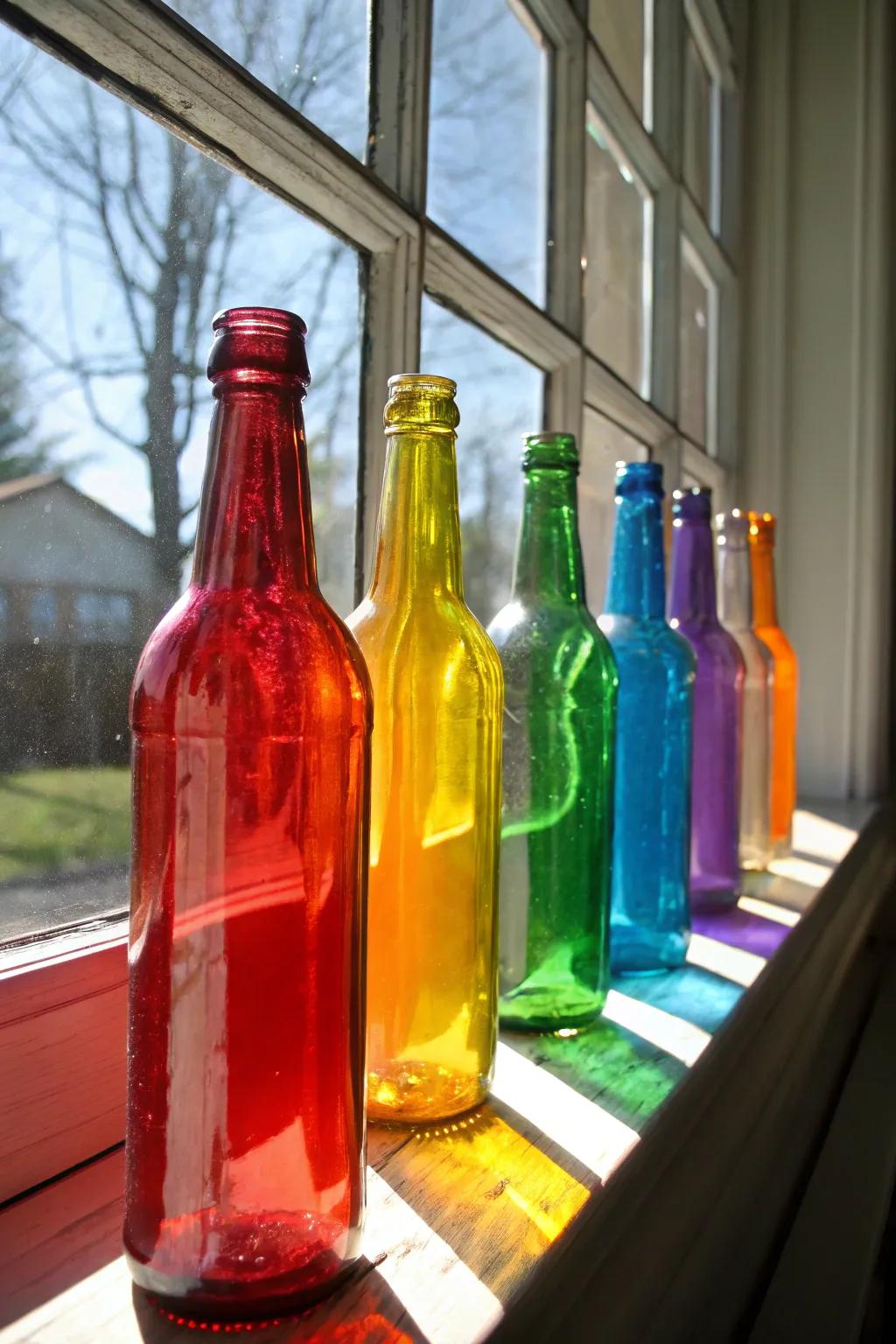 Bottles radiantly painted catching the sunlight, suitable for all seasons.