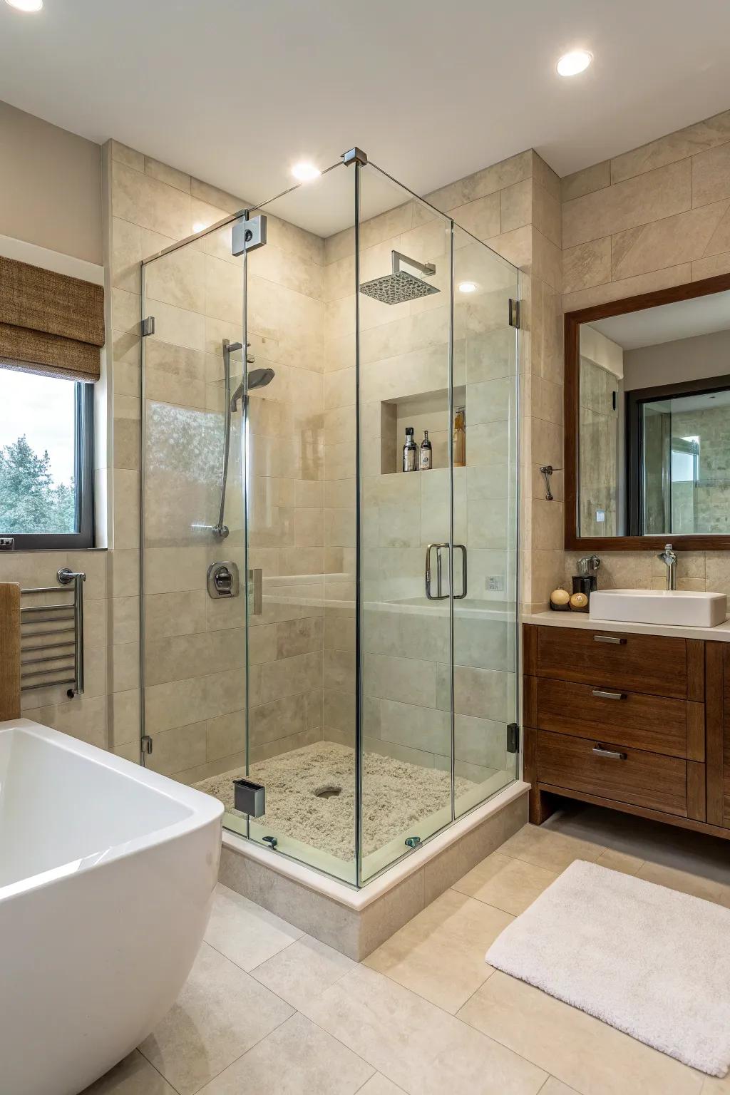 Borderless glass showers bring a sophisticated and airy atmosphere to any bathroom.