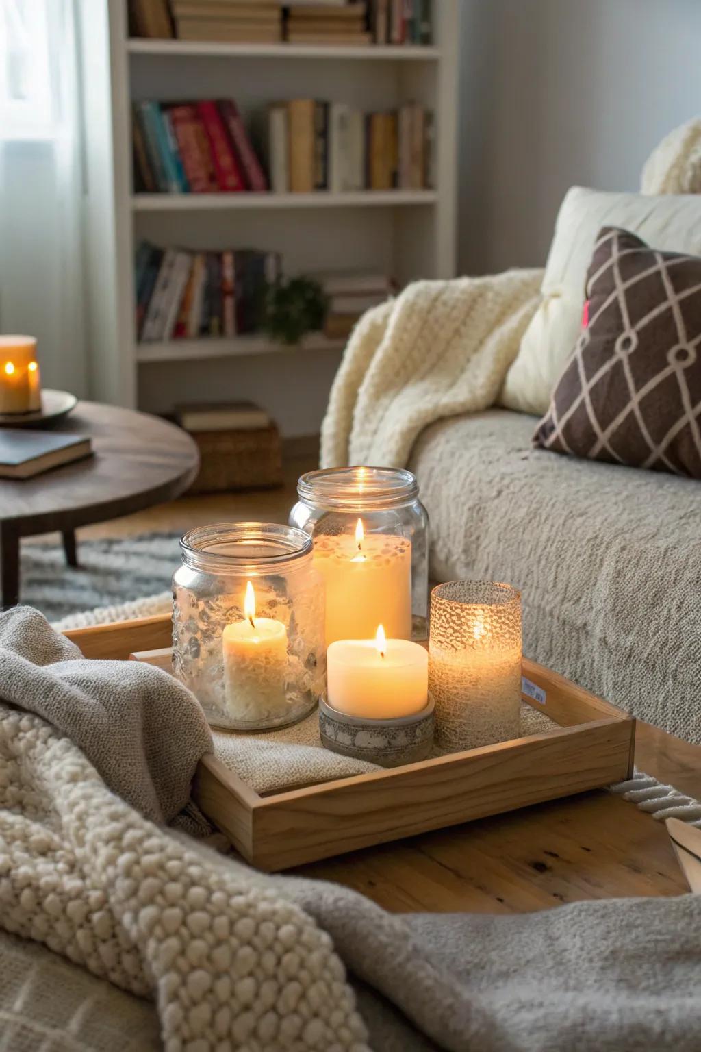 Glass containers brimming with twinkle lights fashion an inviting mood.