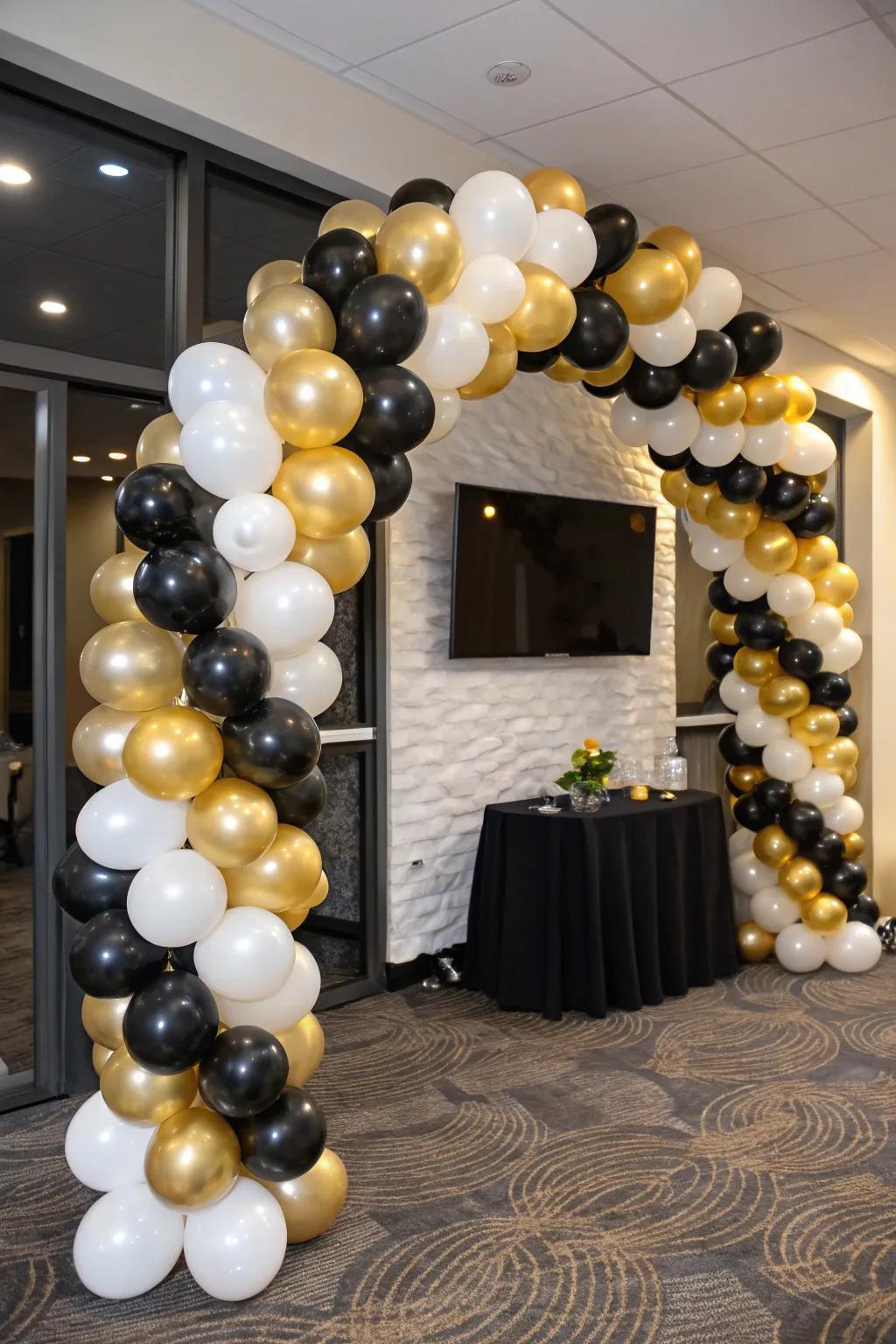A captivating balloon arch that establishes an atmosphere of refined celebration.