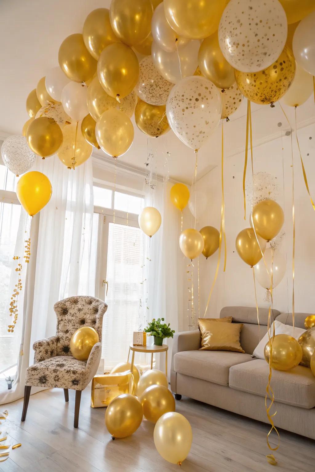 A sea of gold balloons elevates the celebratory atmosphere.