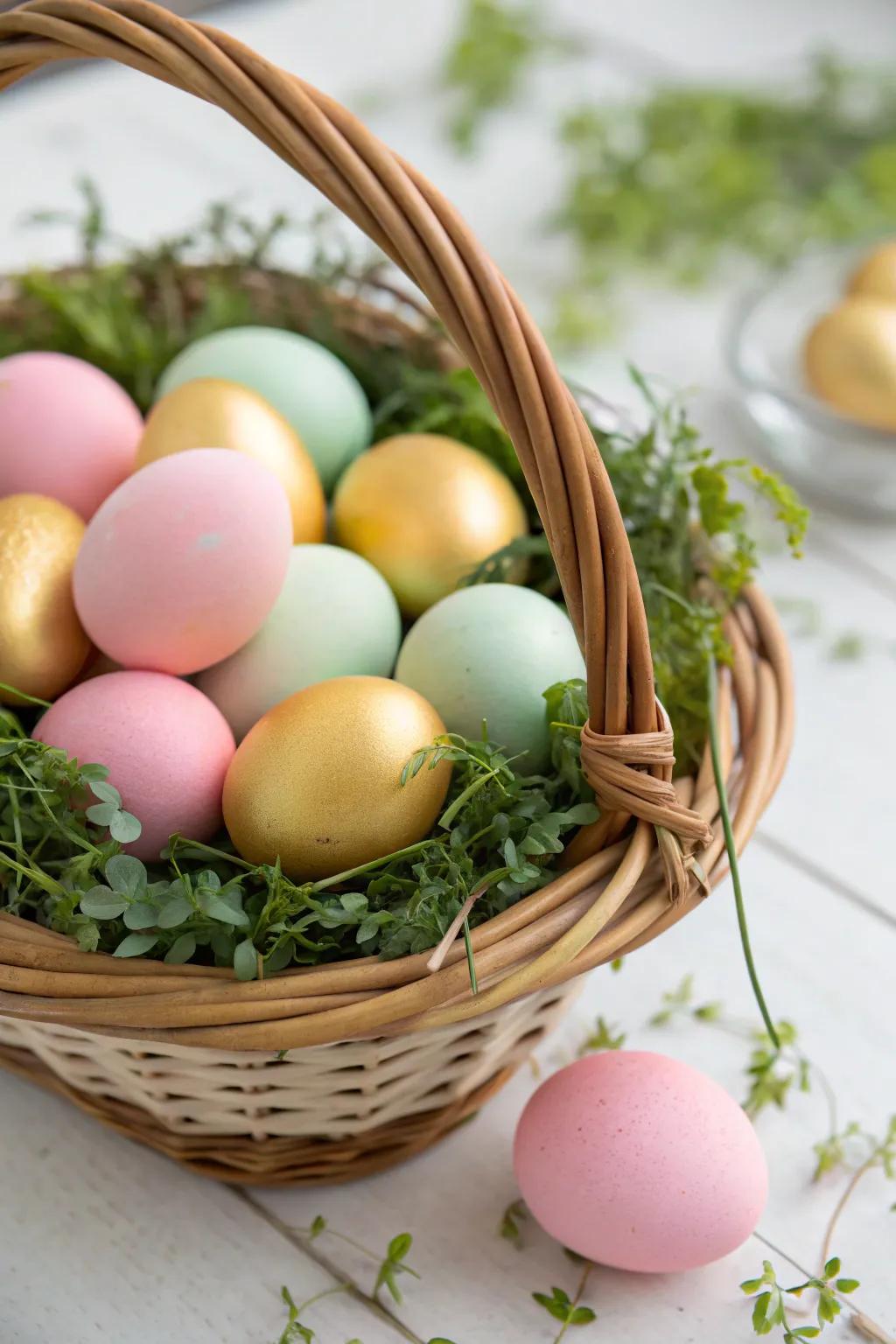Gleaming golden eggs beautifully contrasted in a basket filled with pastel hues.