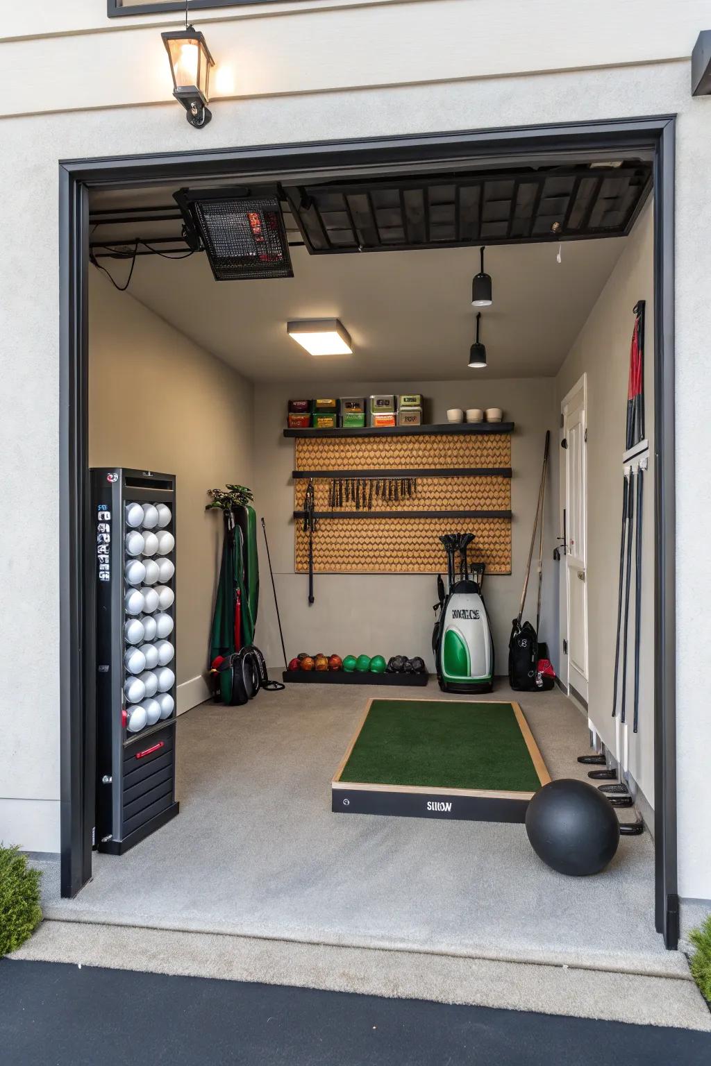 Make use of wall space for an efficient and structured golf setup.